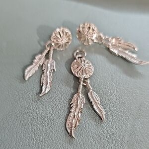 Sterling Silver Concho Feather Drop Earrings And Necklace Pendant Set